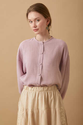 Stand Collar Muslin Shirt Powder - 6