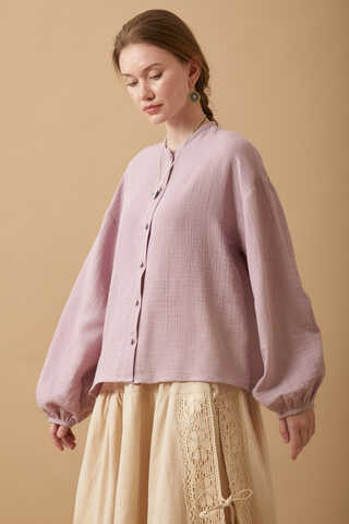 Stand Collar Muslin Shirt Powder - 1