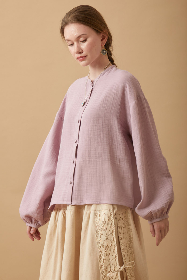 Stand Collar Muslin Shirt Powder - 1