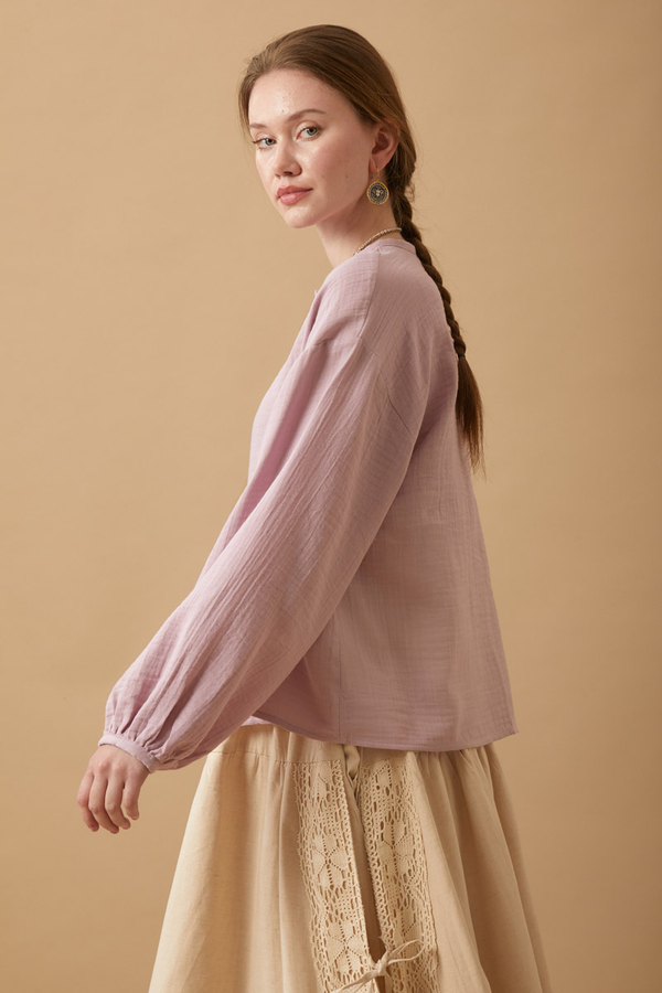 Stand Collar Muslin Shirt Powder - 7