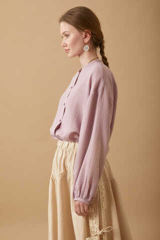 Stand Collar Muslin Shirt Powder - 5