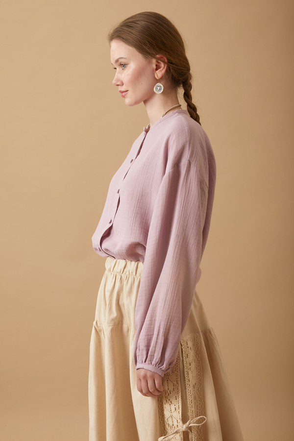 Stand Collar Muslin Shirt Powder - 5