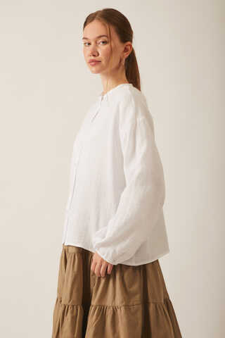 Stand Collar Muslin Shirt White - 6