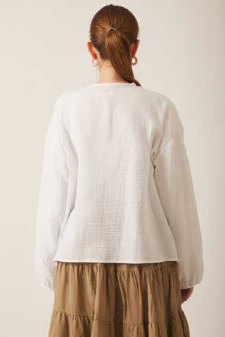 Stand Collar Muslin Shirt White - 12