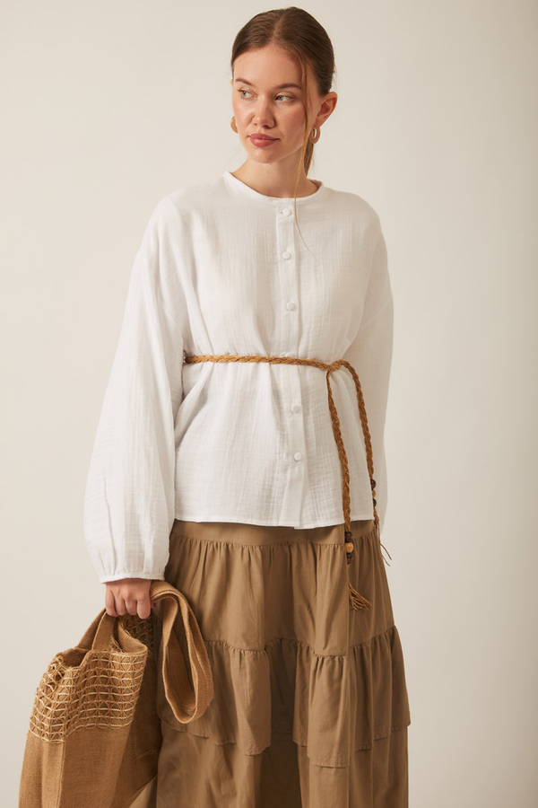 Stand Collar Muslin Shirt White - 9