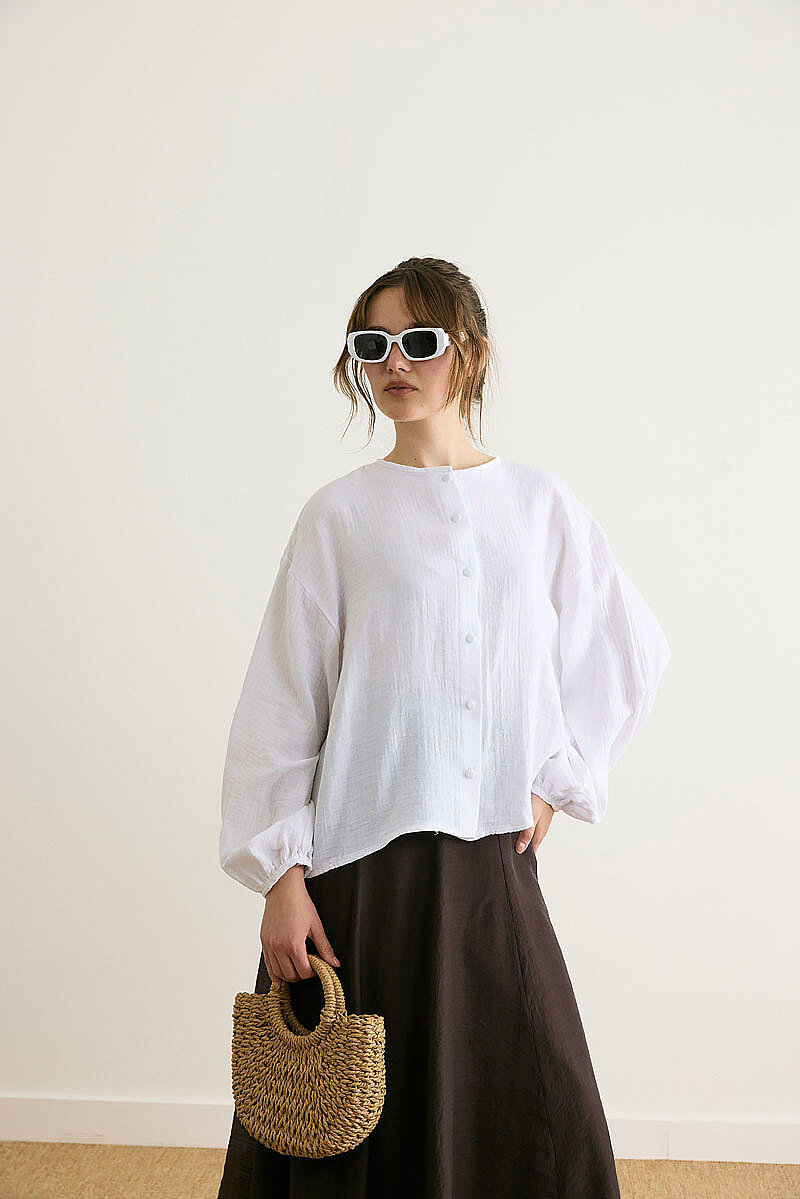 Stand Collar Muslin Shirt White - 4