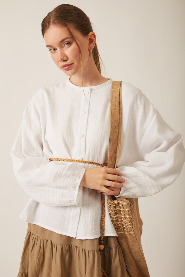 Stand Collar Muslin Shirt White (1)