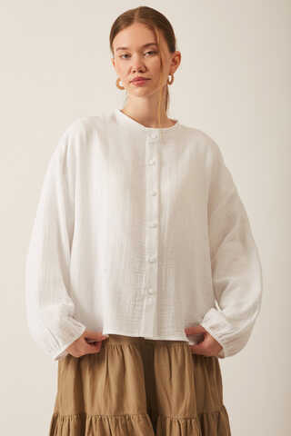 Stand Collar Muslin Shirt White - 4
