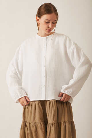 Stand Collar Muslin Shirt White - 5