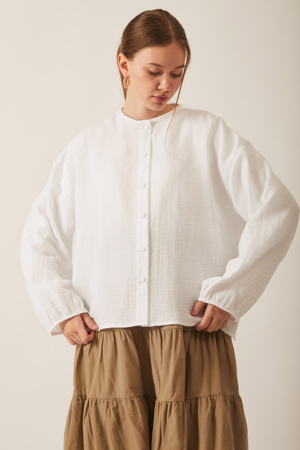 Stand Collar Muslin Shirt White - 5