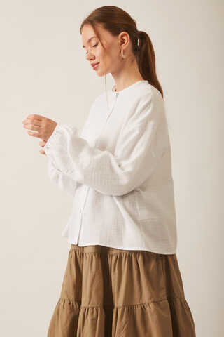 Stand Collar Muslin Shirt White - 7