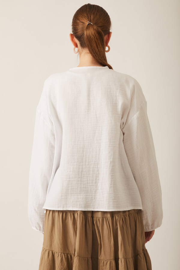 Stand Collar Muslin Shirt White - 12