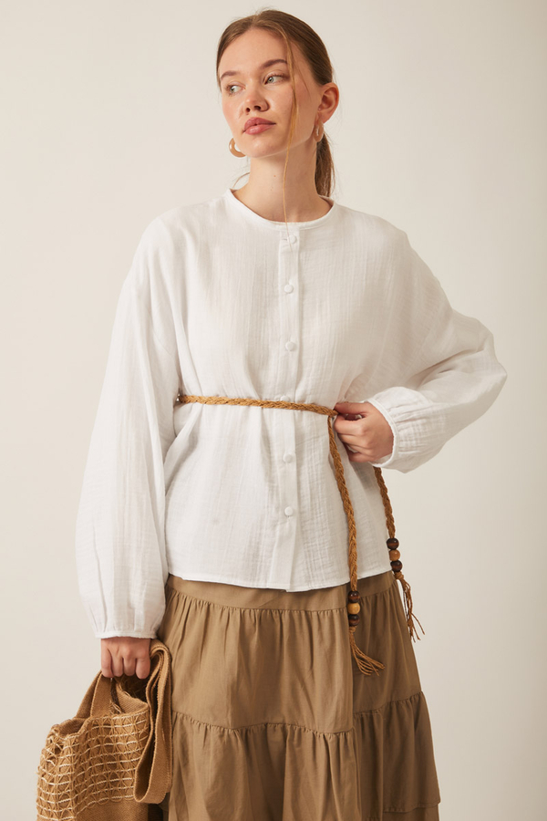 Stand Collar Muslin Shirt White - 10