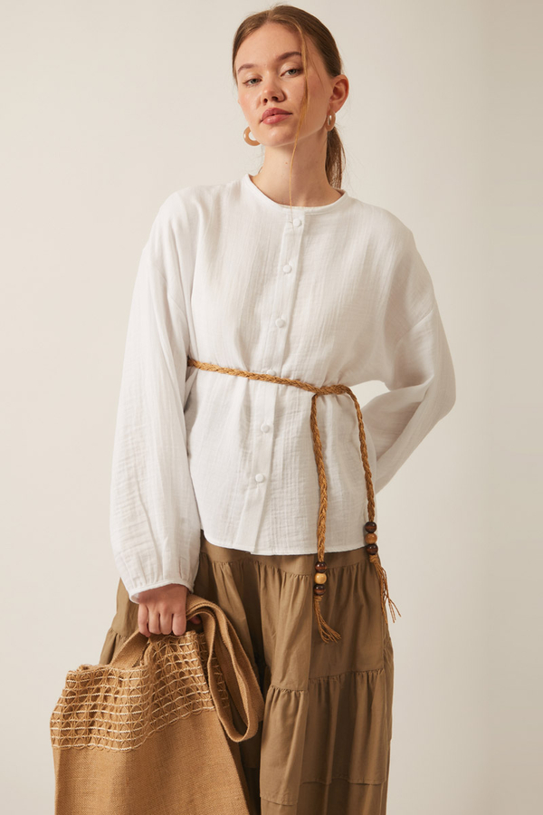 Stand Collar Muslin Shirt White - 11