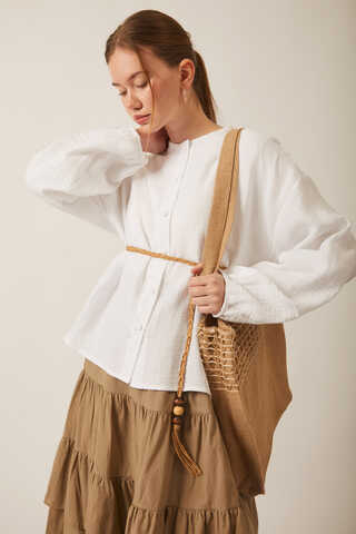 Stand Collar Muslin Shirt White - 1