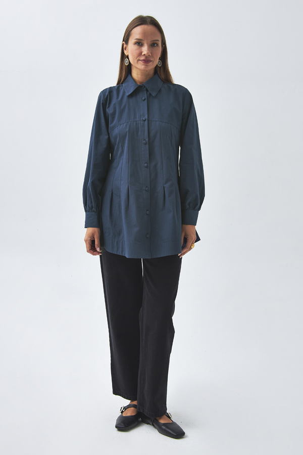 Stitch Detailed Yoke Shirt Navy Blue