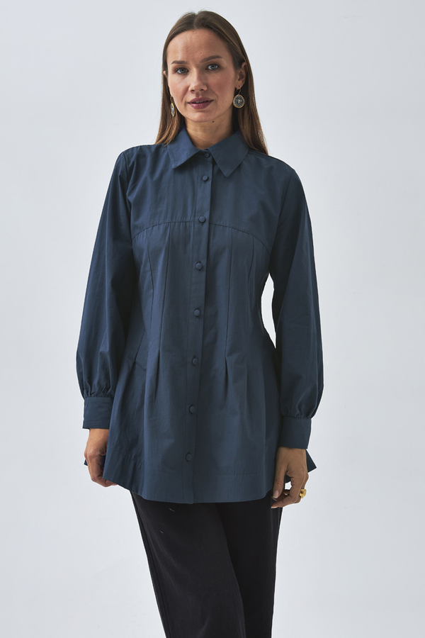 Stitch Detailed Yoke Shirt Navy Blue - 3