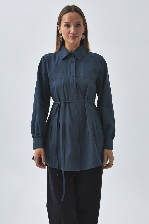 Stitch Detailed Yoke Shirt Navy Blue - 4