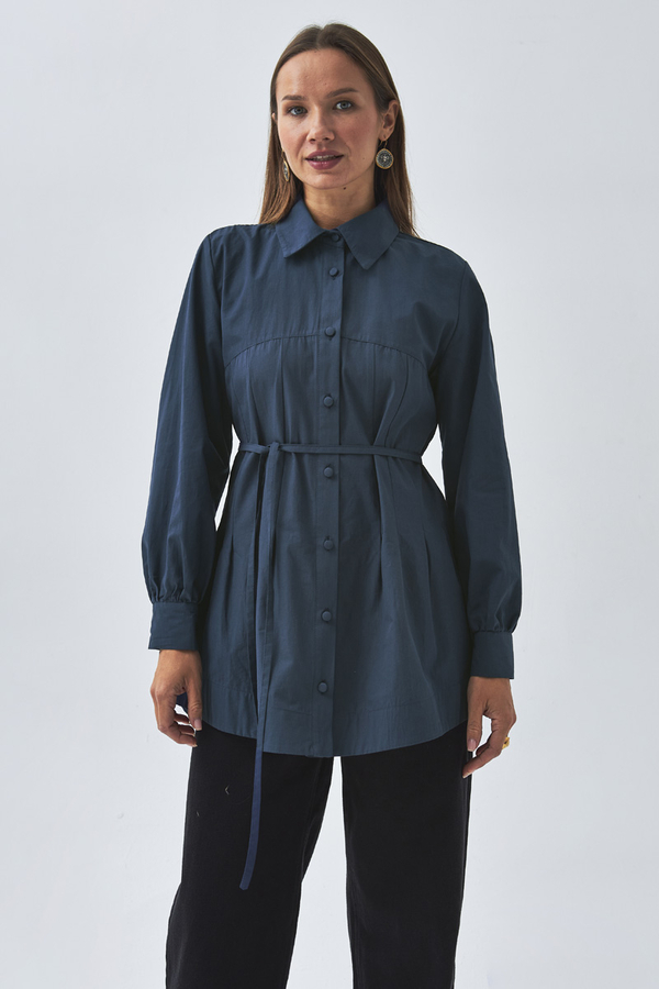 Stitch Detailed Yoke Shirt Navy Blue - 5