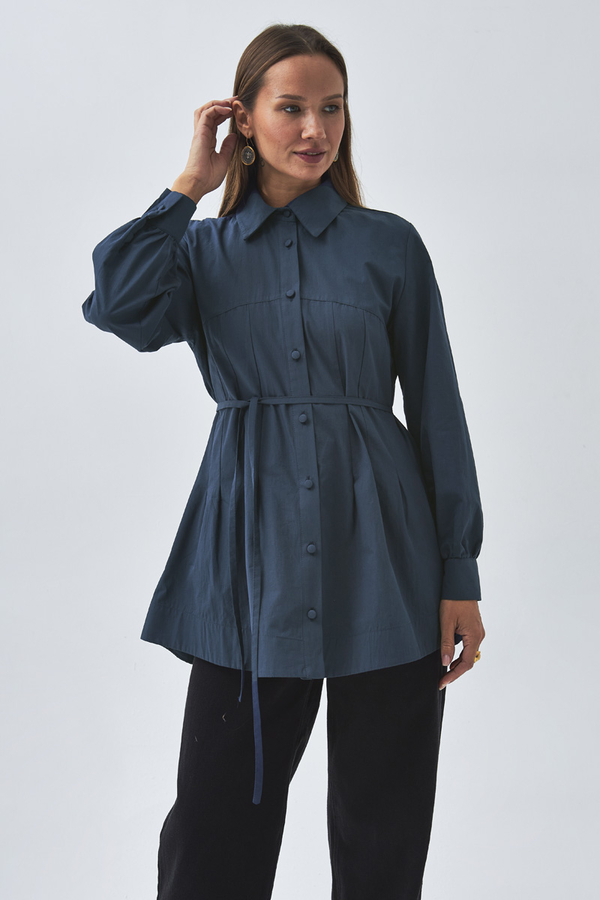 Stitch Detailed Yoke Shirt Navy Blue - 6
