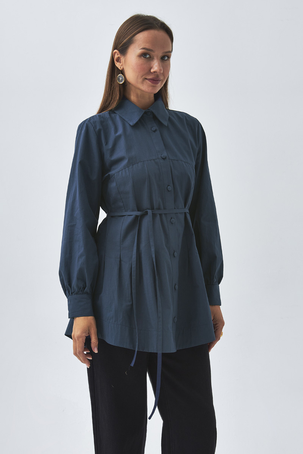 Stitch Detailed Yoke Shirt Navy Blue - 7