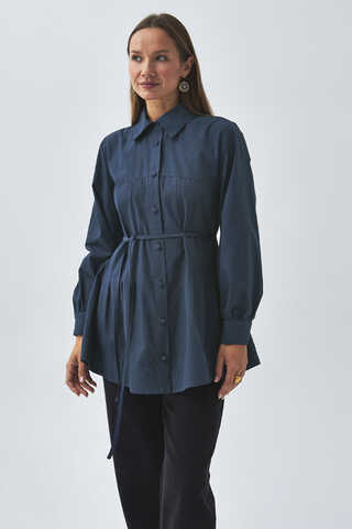 Stitch Detailed Yoke Shirt Navy Blue - 8