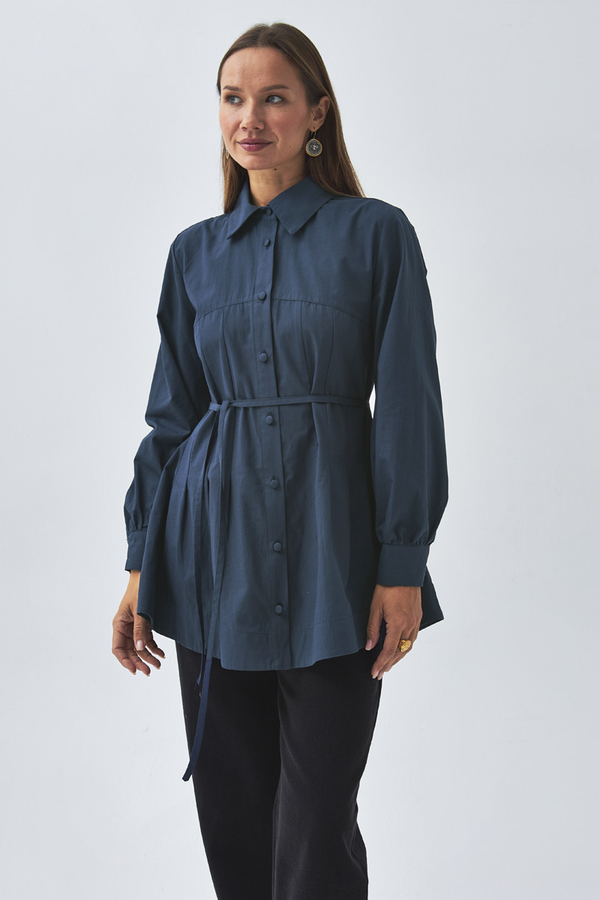 Stitch Detailed Yoke Shirt Navy Blue - 8