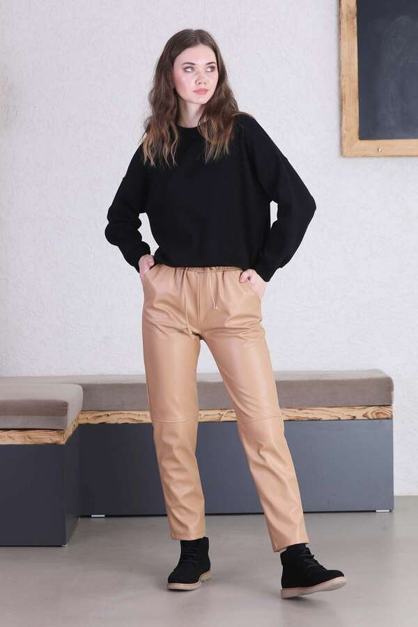 Seam Marked Leather Trousers Beige - 2