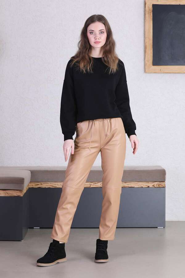 Seam Marked Leather Trousers Beige - 3