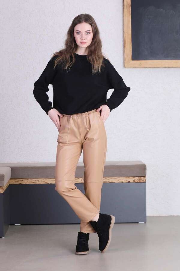 Seam Marked Leather Trousers Beige - 1