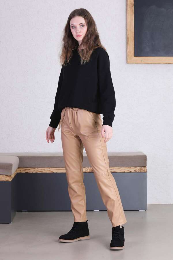 Seam Marked Leather Trousers Beige - 4