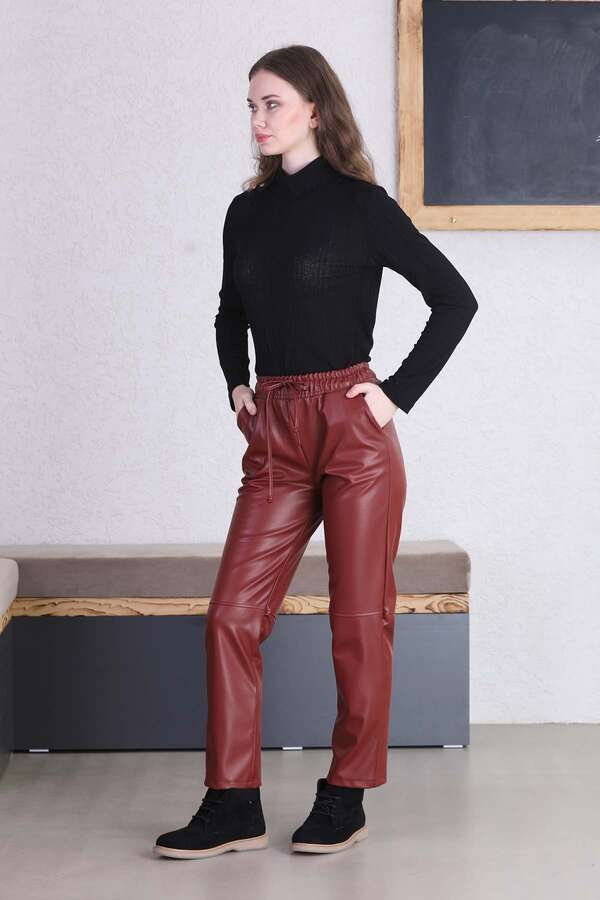Seam Marked Leather Trousers Burgundy - 2