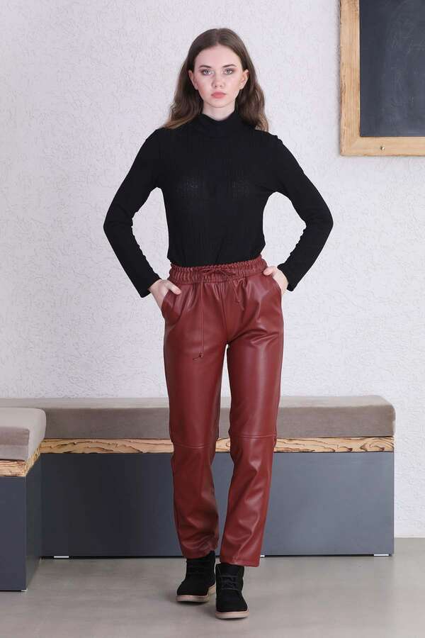 Seam Marked Leather Trousers Burgundy 