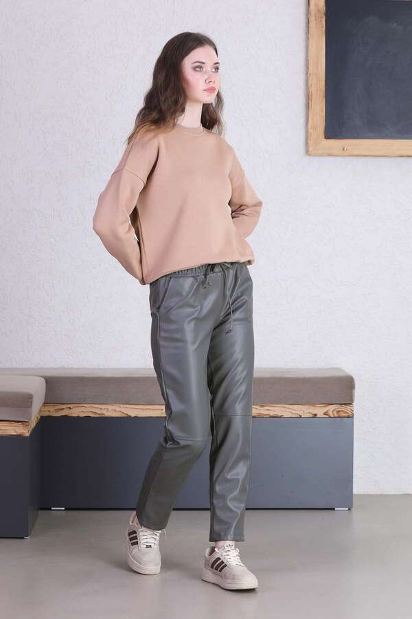 Seam Marked Leather Trousers Gray - 3