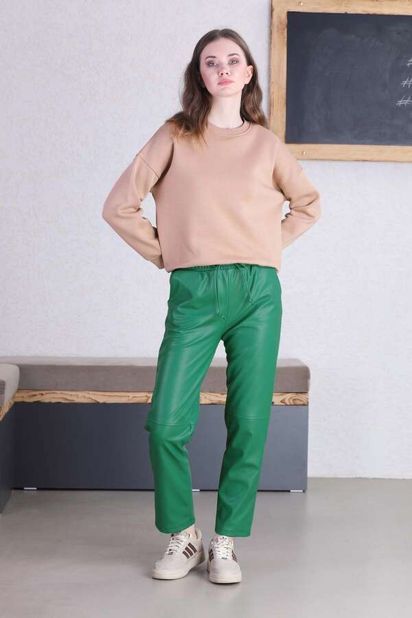 Seam Marked Leather Trousers Green - 3