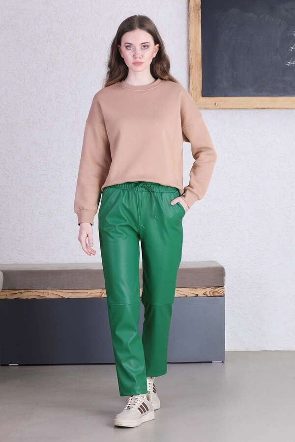 Seam Marked Leather Trousers Green - 1