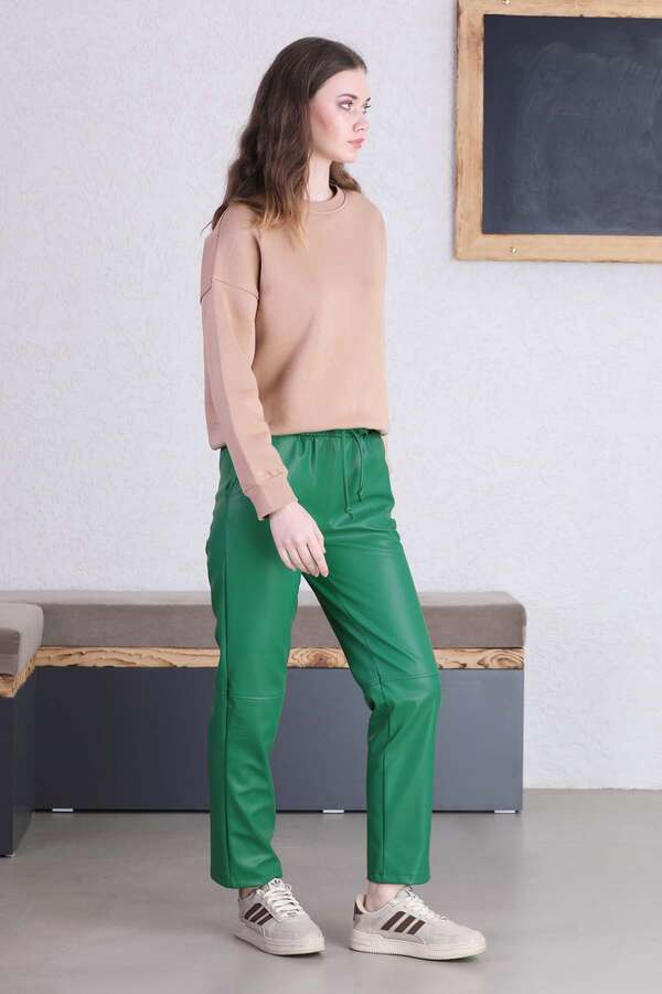Seam Marked Leather Trousers Green - 2