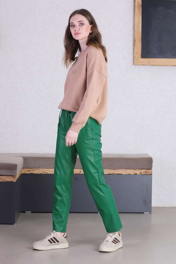 Seam Marked Leather Trousers Green - 5