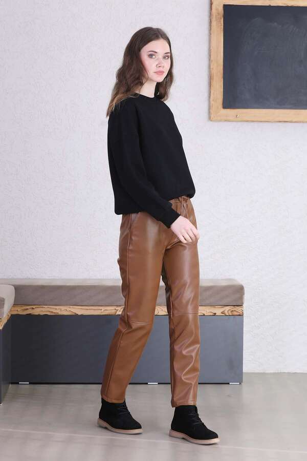 Seam Marked Leather Trousers Tan - 3