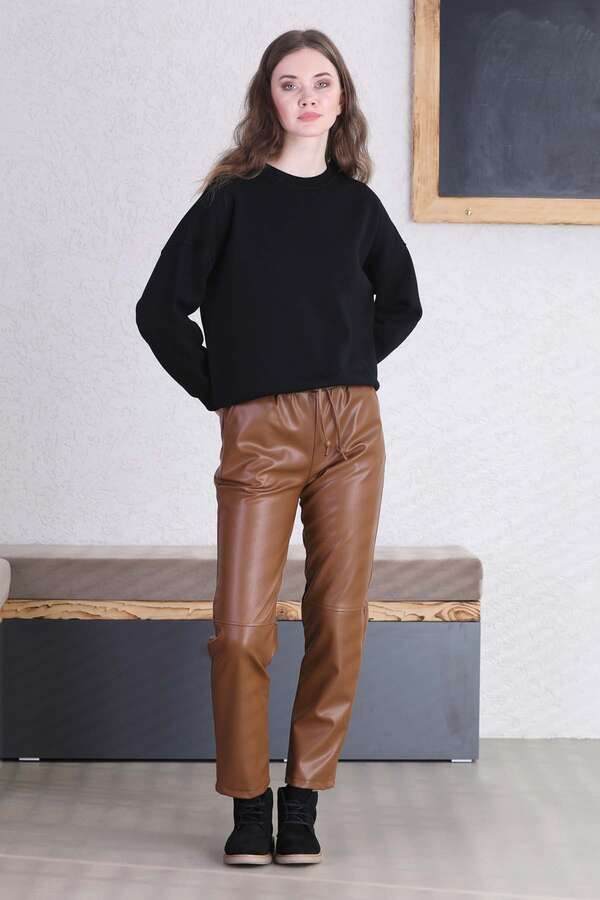 Seam Marked Leather Trousers Tan - 4
