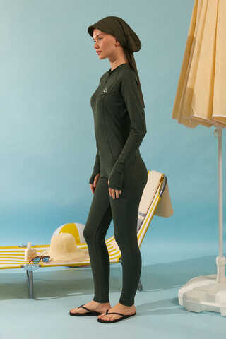 Stitched Detail One-Piece Swimsuit Khaki - 2