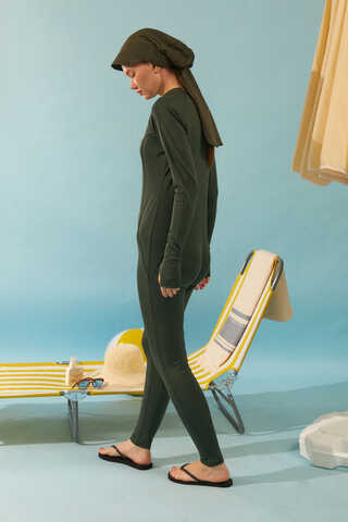 Stitched Detail One-Piece Swimsuit Khaki - 6