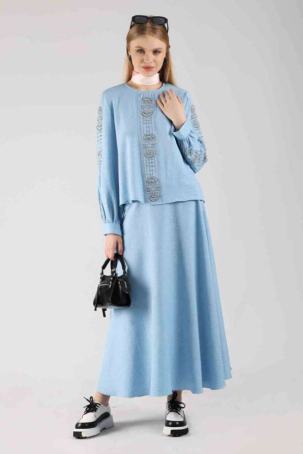 Stone Printed Skirt Suit Baby Blue - 1