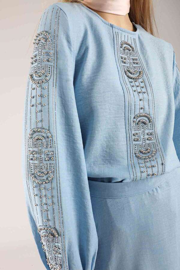 Stone Printed Skirt Suit Baby Blue - 2