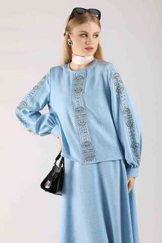 Stone Printed Skirt Suit Baby Blue - 4