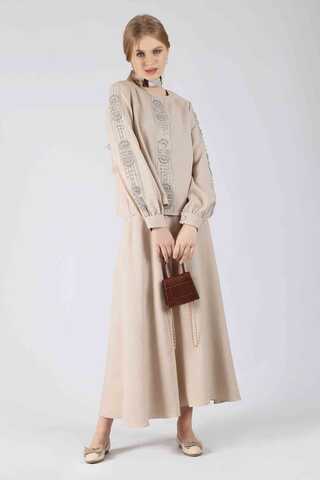 Stone Printed Skirt Suit Beige - 1