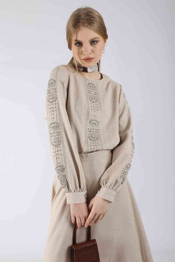 Stone Printed Skirt Suit Beige - 4