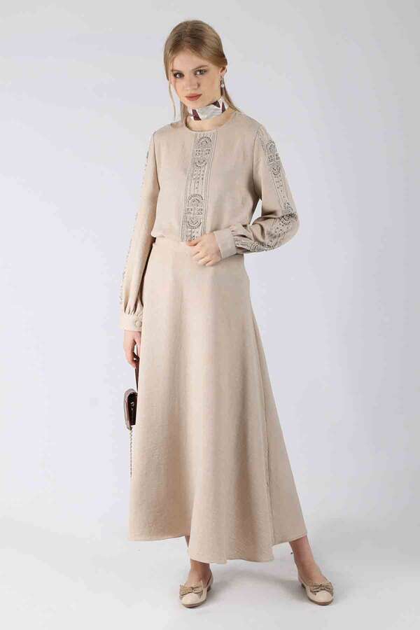 Stone Printed Skirt Suit Beige - 3