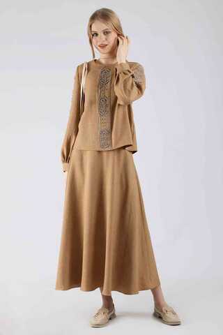 Stone Printed Skirt Suit Camel - 1