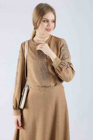 Stone Printed Skirt Suit Camel - 2